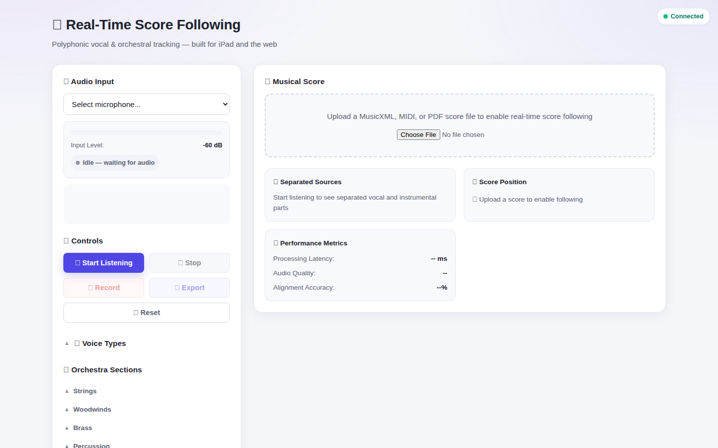 ScoreFollower's live dashboard: audio input meter, score upload panel, separated instrument sources, and real-time performance metrics